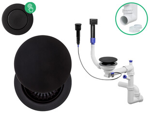 Syfon czarny Composite oszczędzający miejsce automatyczny (przycisk) z maskownicą - prostokątny przelew