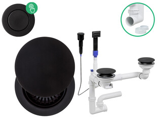 Syfon dwukomorowy czarny Composite oszczędzający miejsce automatyczny (przycisk) z maskownicą-prostokątny przelew
