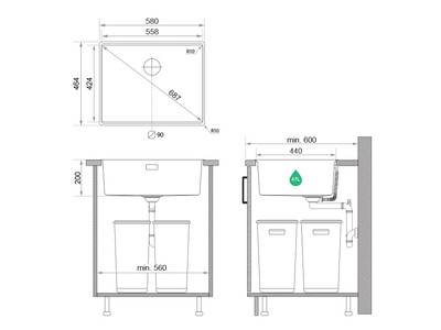 Zlewozmywak jednokomorowy 60 cm Malmo Top Slim